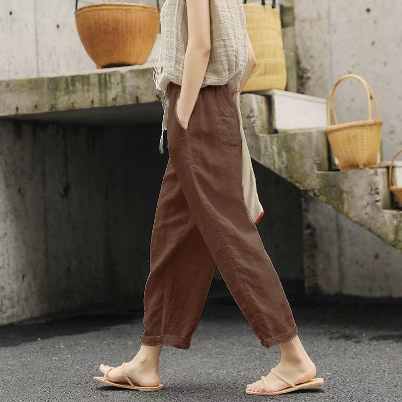 Vintage Cotton And Linen Elastic Waist Casual Trousers For Woman