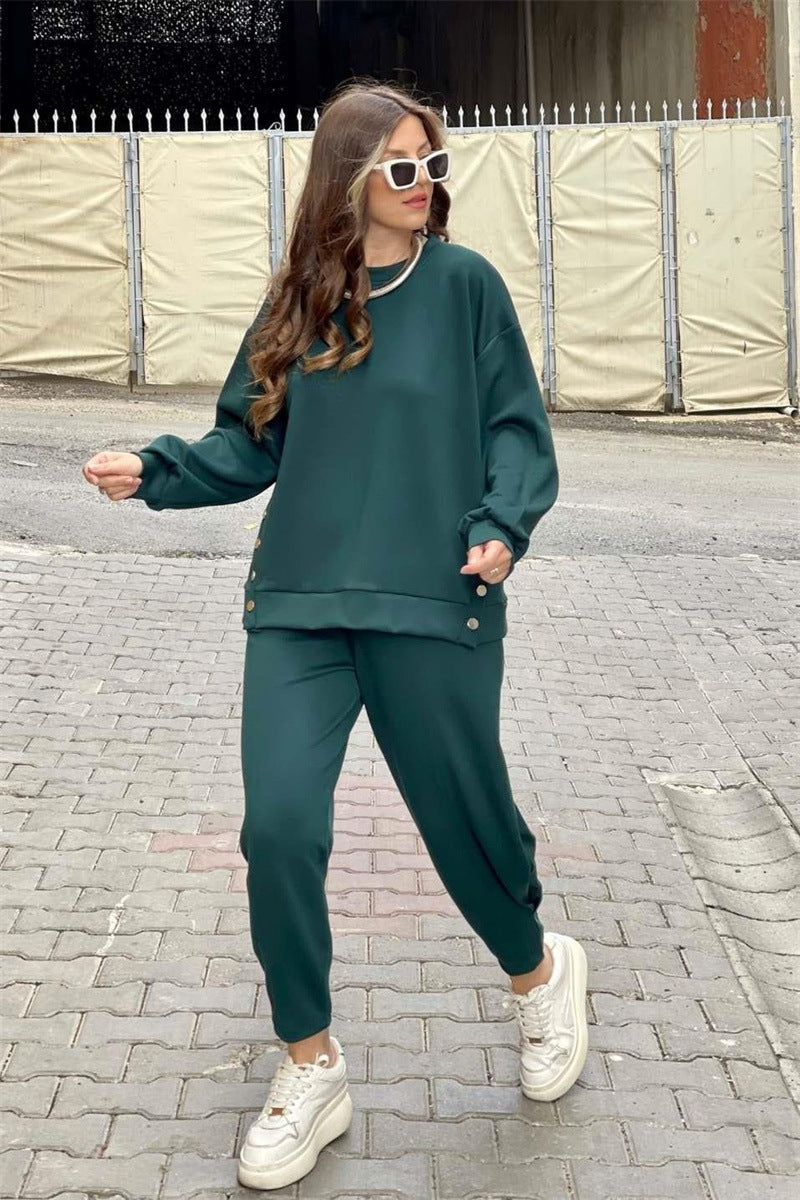 đWomenâs Trendy Solid Color Two-Piece Set Top & Pants