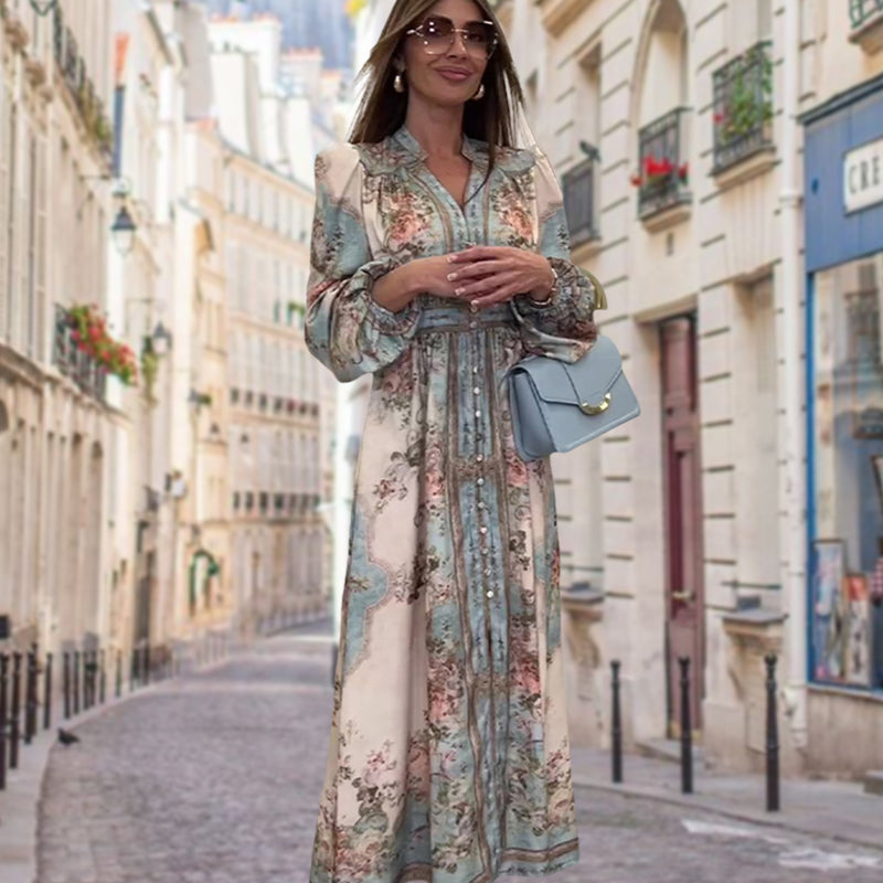 Elegant V-Neck High Waist Buttoned Floral Dress