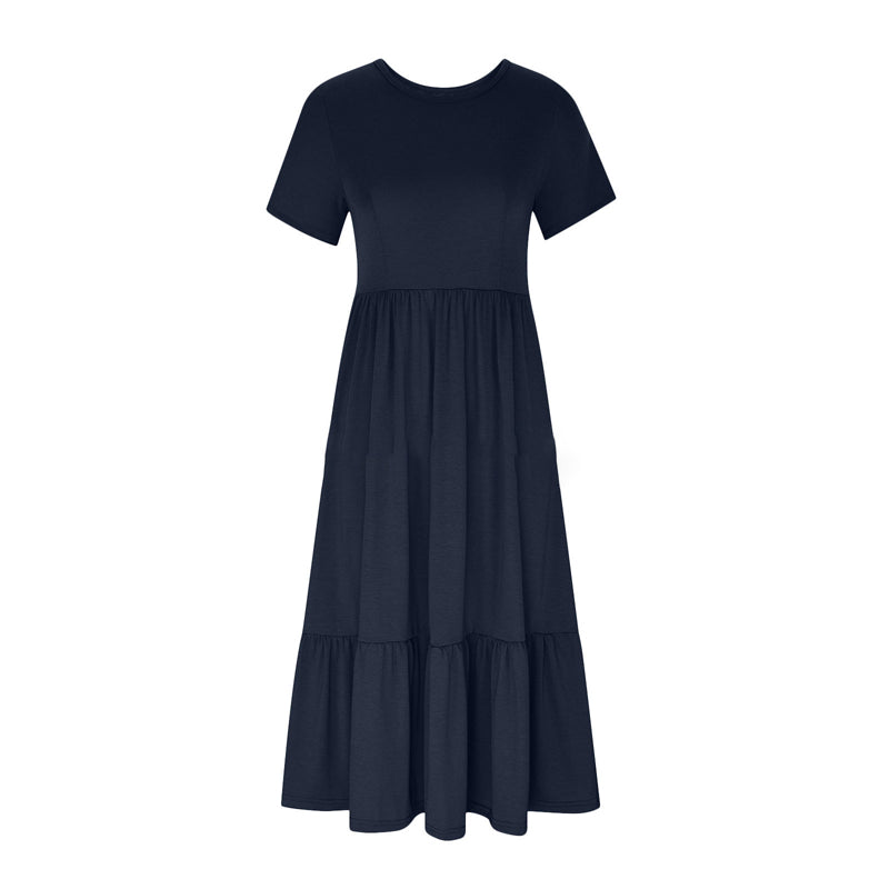 Women's Round Neck Pleated Solid Colour Dress