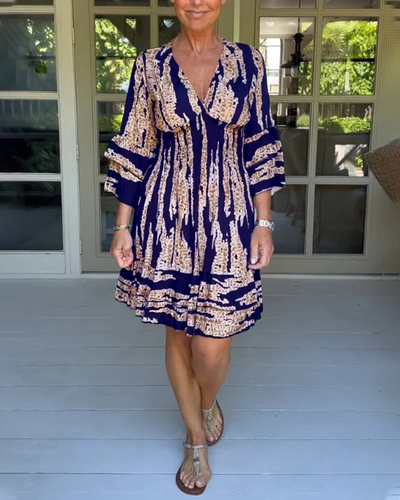 V-neck Dress With Three-quarter Sleeves