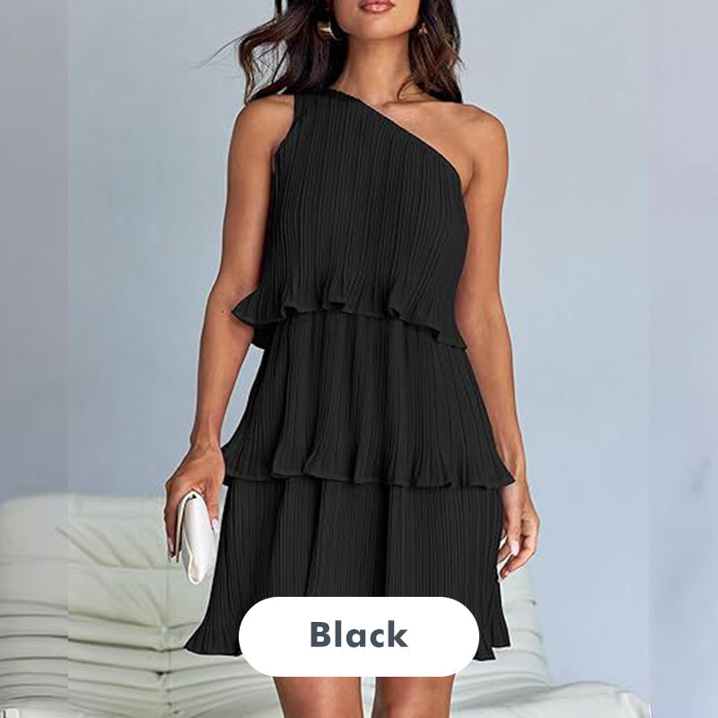 Women's One Shoulder Ruffle Tiered Layered Flowy A Line Dress