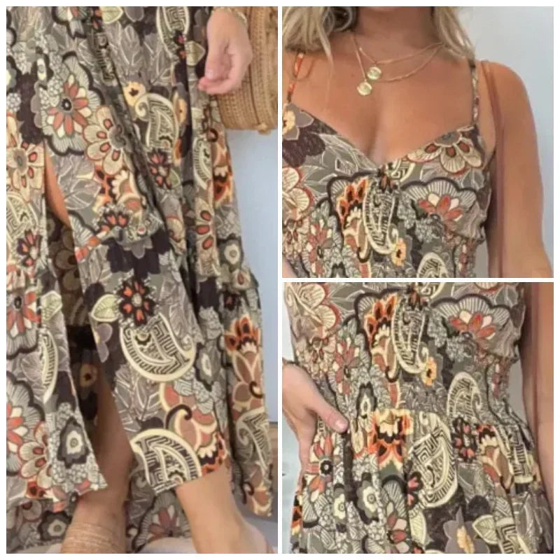đ¸Womenâs Sexy Spaghetti Strap Floral Print Long Dress