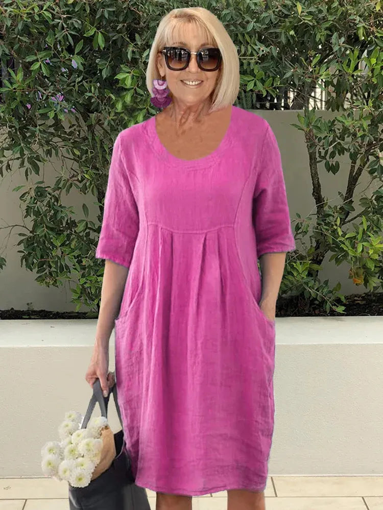 🔥2024 Hot Sale💃Solid Color Cotton Linen Pockets Tunic Midi Dress