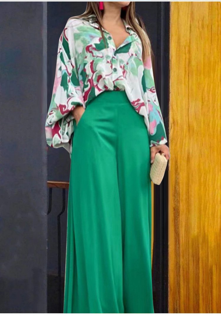 Women's Floral Shirt and Wide Legged Trousers with High Waist (1 Set)