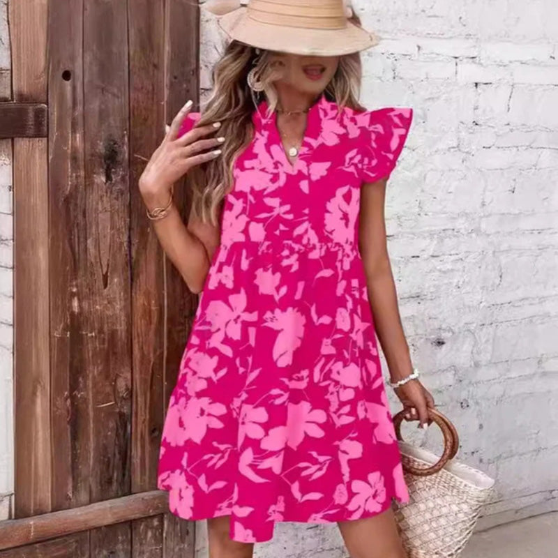 Ruffle Sleeve V-Neck Printed Dress