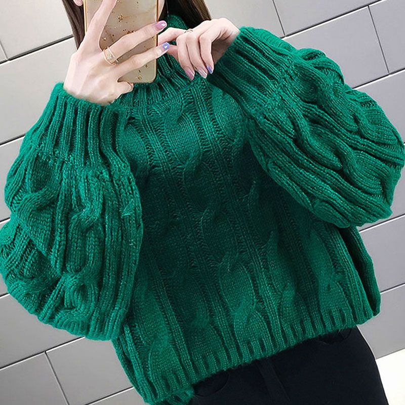 Lady’s Turtleneck Braid Knit Crop Sweater Green - Great Gift
