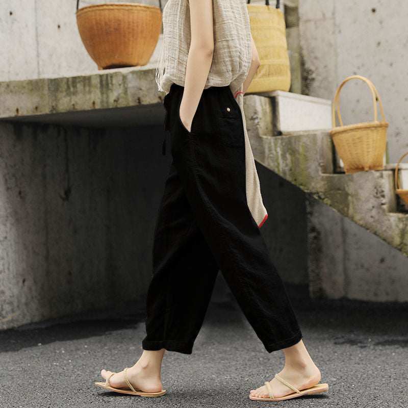 Vintage Cotton And Linen Elastic Waist Casual Trousers For Woman