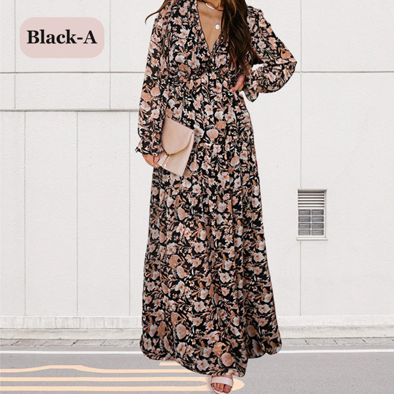 Women's Floral V-Neck Long Sleeve Flowy Dress