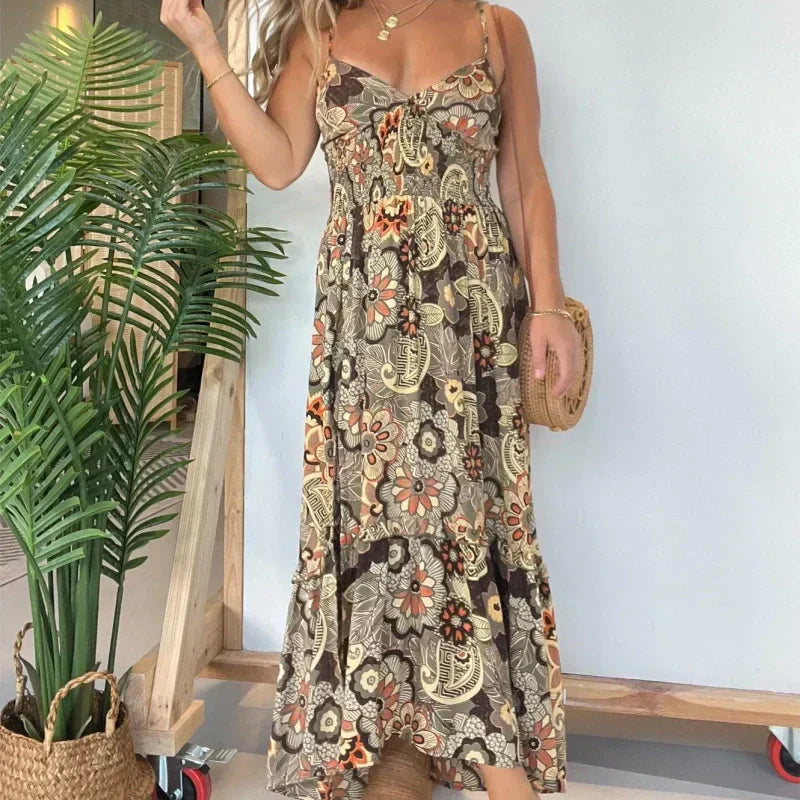 đ¸Womenâs Sexy Spaghetti Strap Floral Print Long Dress