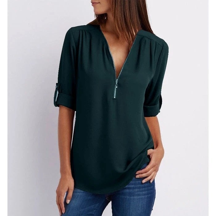🔥2024 Summer New Arrivals🎉Plus Size Loose 3/4 Sleeve Zipper Blouse