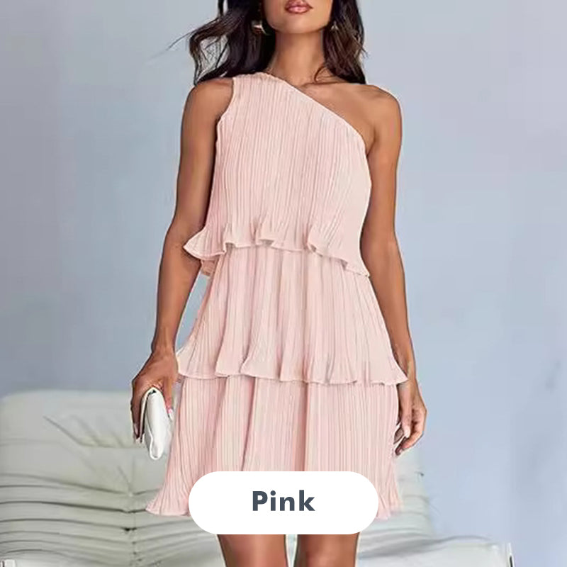 Women's One Shoulder Ruffle Tiered Layered Flowy A Line Dress
