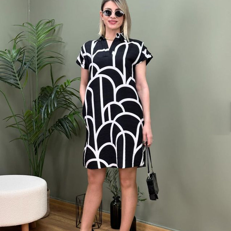Chic Geometric Pattern V-Neck Dress