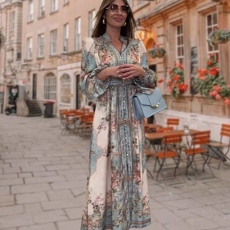 Elegant V-Neck High Waist Buttoned Floral Dress