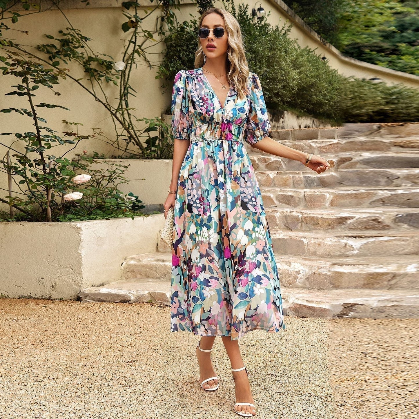 Elegant Waist V-neck Floral Printed Dress