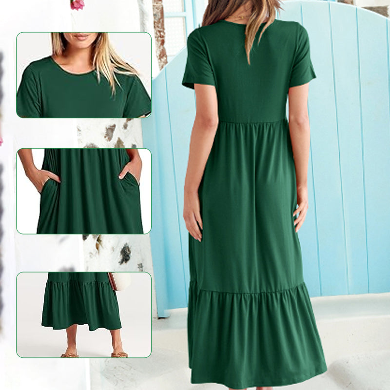 Women's Round Neck Pleated Solid Colour Dress
