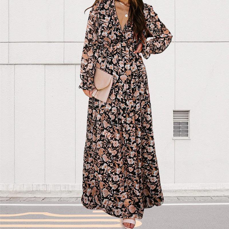 Women's Floral V-Neck Long Sleeve Flowy Dress