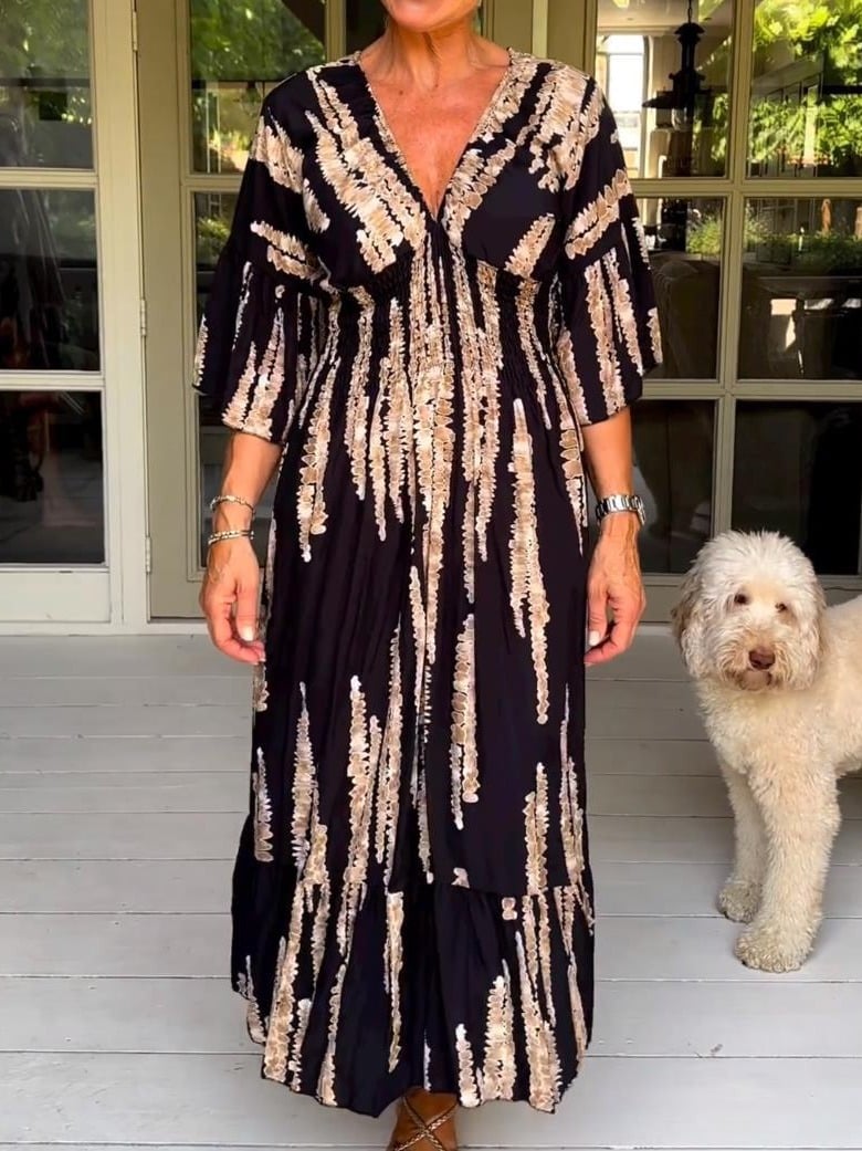 👗Casual Print V-Neck Waist Wrap Long Dress