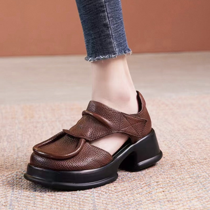 Women'S Thick Sole Hollow High Heeled Sandals With Velcro