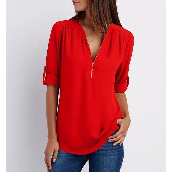 🔥2024 Summer New Arrivals🎉Plus Size Loose 3/4 Sleeve Zipper Blouse