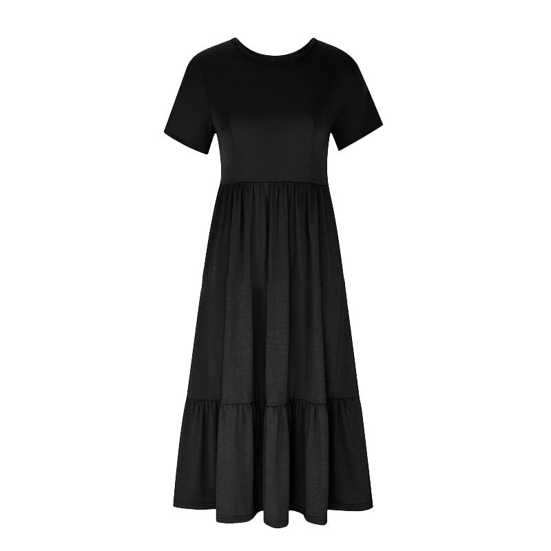 Women's Round Neck Pleated Solid Colour Dress