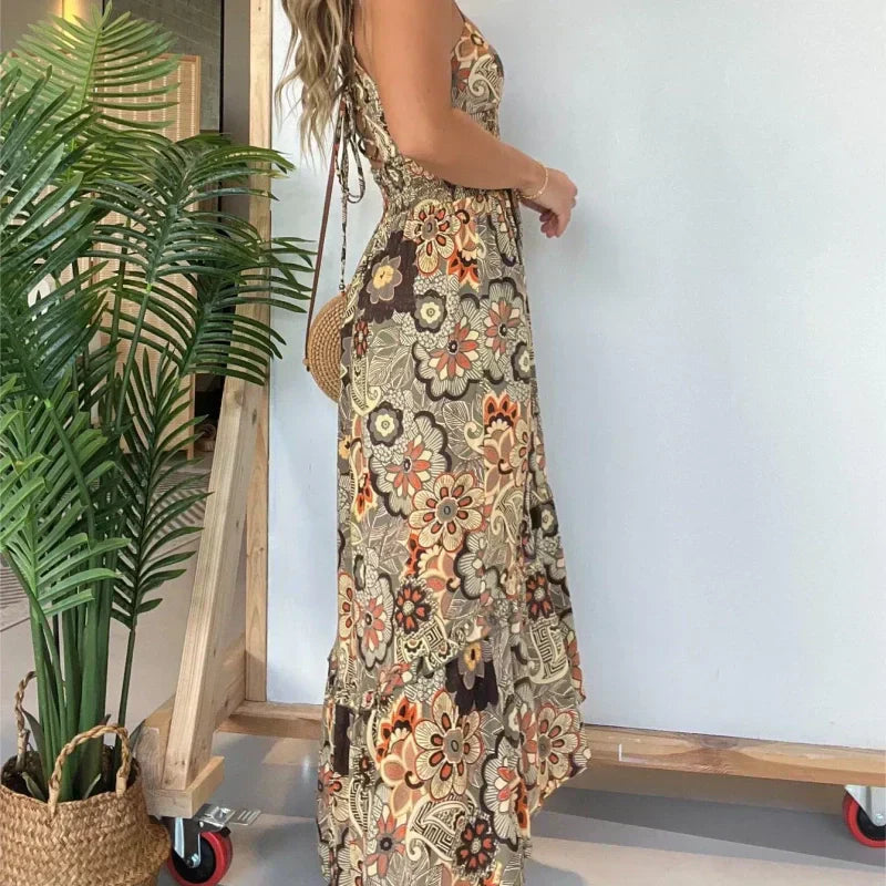 đ¸Womenâs Sexy Spaghetti Strap Floral Print Long Dress