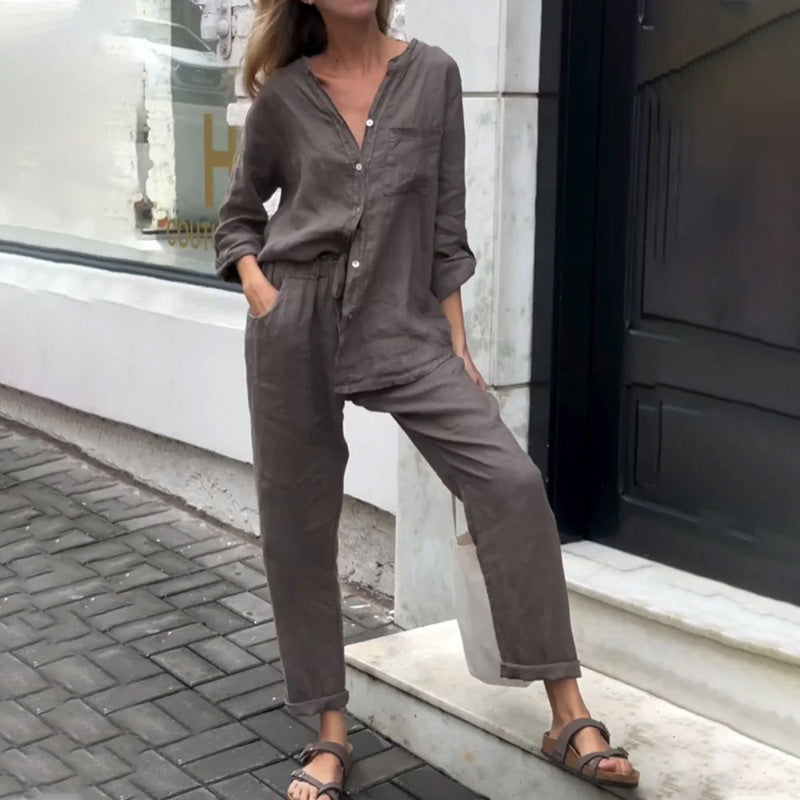Casual Solid Color V-Neck Shirt & Pants Cotton Linen Two-Piece Set