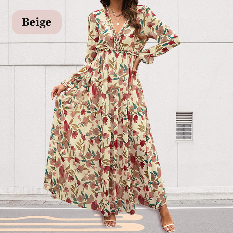 Women's Floral V-Neck Long Sleeve Flowy Dress