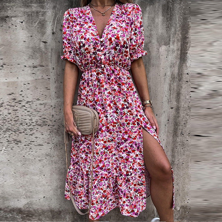 🔥🌸2024 New Elegant Plus Size Dress With V-neckline Floral Pattern High Waist And Slit