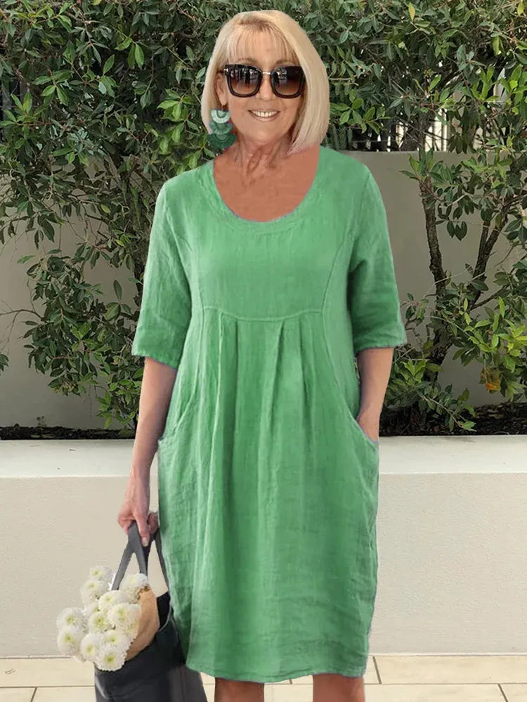 🔥2024 Hot Sale💃Solid Color Cotton Linen Pockets Tunic Midi Dress