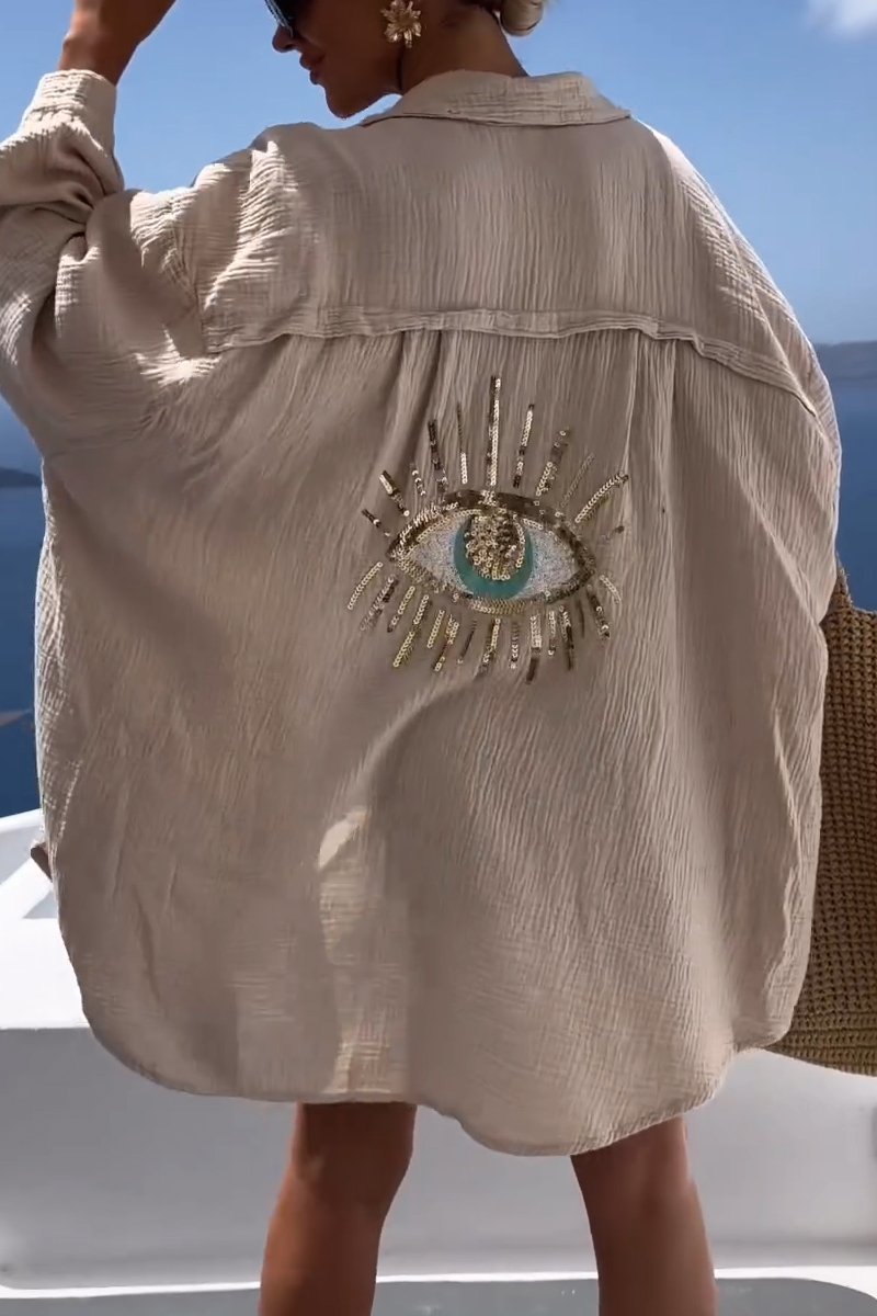 Evil Eye Casual Sequin Beaded Shirtš„°