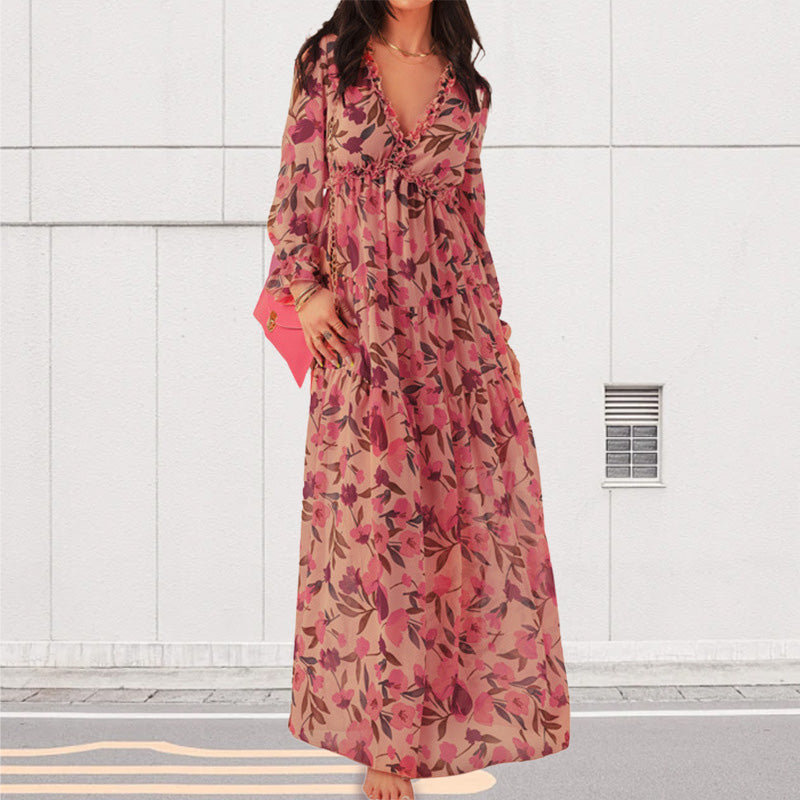 Women's Floral V-Neck Long Sleeve Flowy Dress
