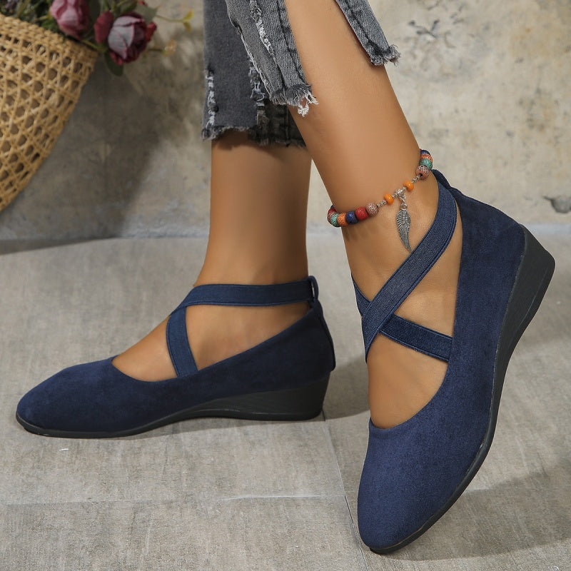 š„Hot Saleš„Elegant Solid Color Elastic Strap Low Wedge Shoes