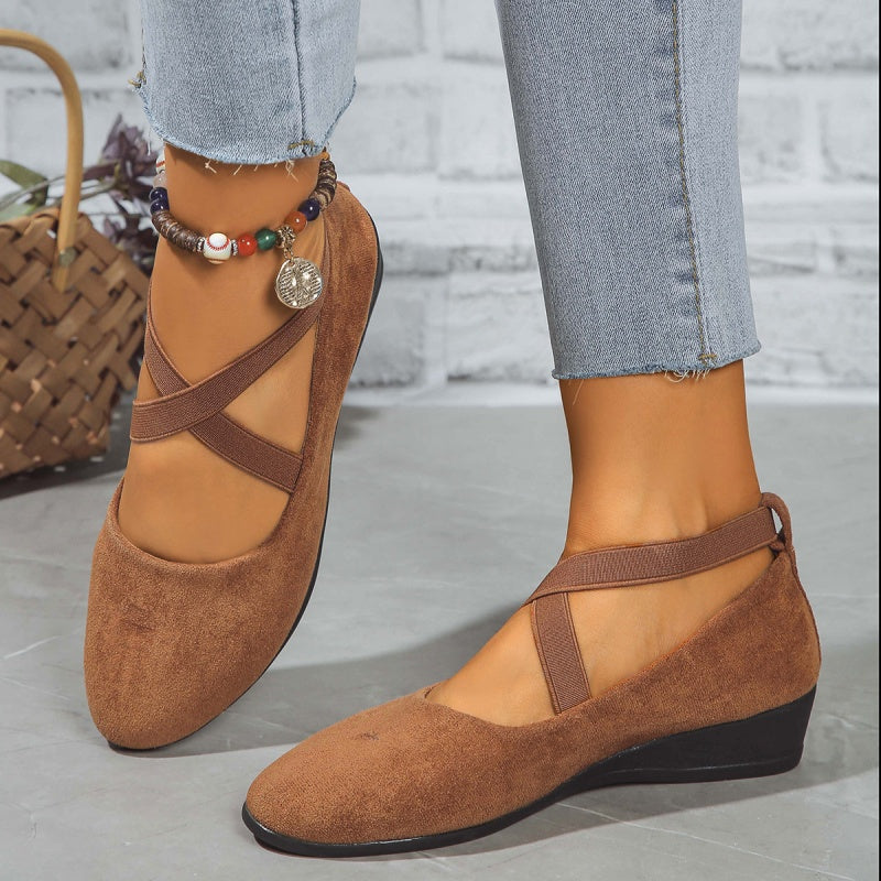 š„Hot Saleš„Elegant Solid Color Elastic Strap Low Wedge Shoes