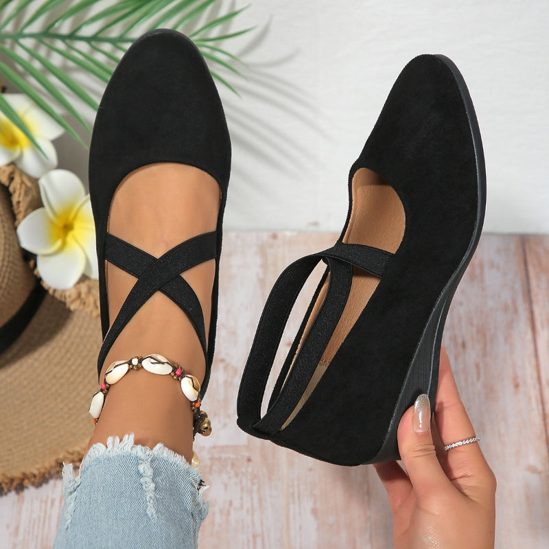 š„Hot Saleš„Elegant Solid Color Elastic Strap Low Wedge Shoes