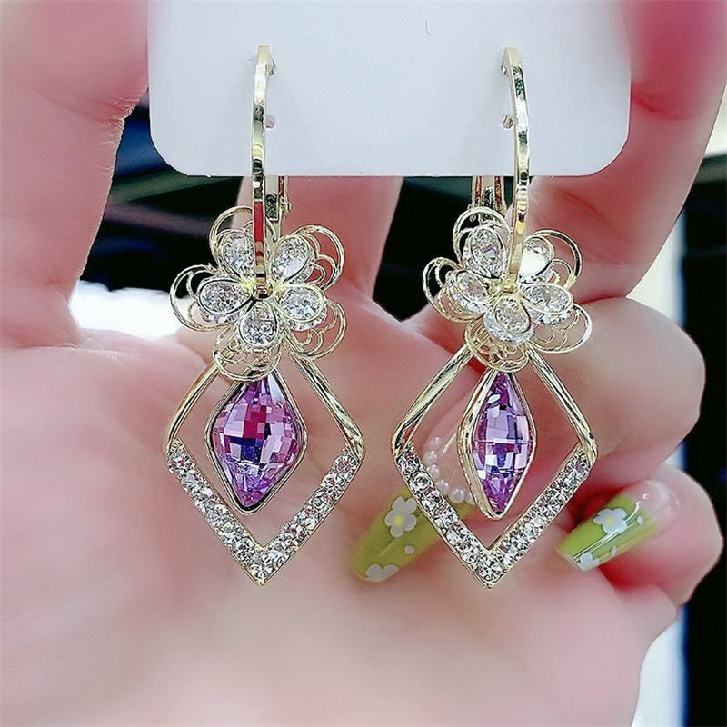 Flower Zircon Rhombic Sapphire Drop Earrings