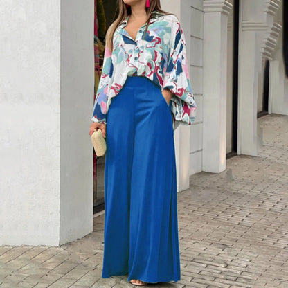 Women's Floral Shirt and Wide Legged Trousers with High Waist (1 Set)