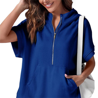 Oversized Casual Half Zip Short Sleeve Pullover Tops with Pockets