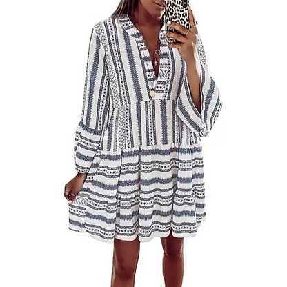 Printed Long-sleeved Loose V-neck Patchwork Dress