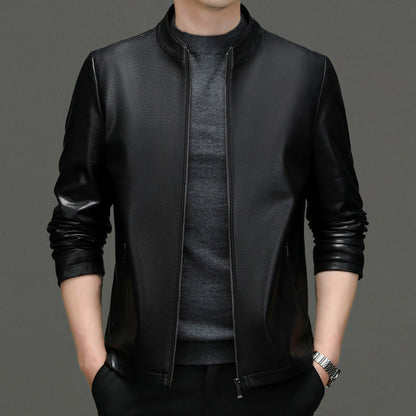 Men's Classic Leather Jacket with Zipper Front