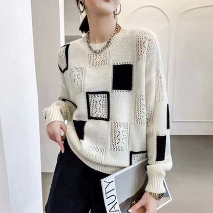 Women's Color Block Plaid Print Knitted Pullover Sweaters