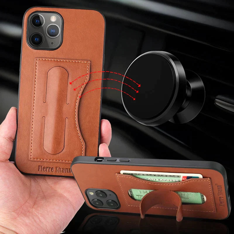 Leather Invisible Stand For iPhone Case with Card Slots