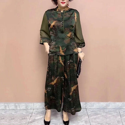 Plus Size Flowy Fashion Printed 2-Piece Set for Middle-aged Women