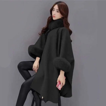 [Best Gift for Her] Elegant Solid Color Faux Fur Collar Loose Poncho Coat