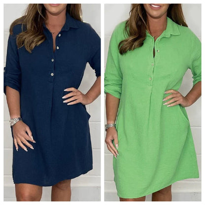 Plus Size Shirt Dress With Rolled Up Sleeves And Pockets