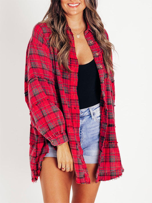 Women's Mineral Washed Button Down Plaid Shirt