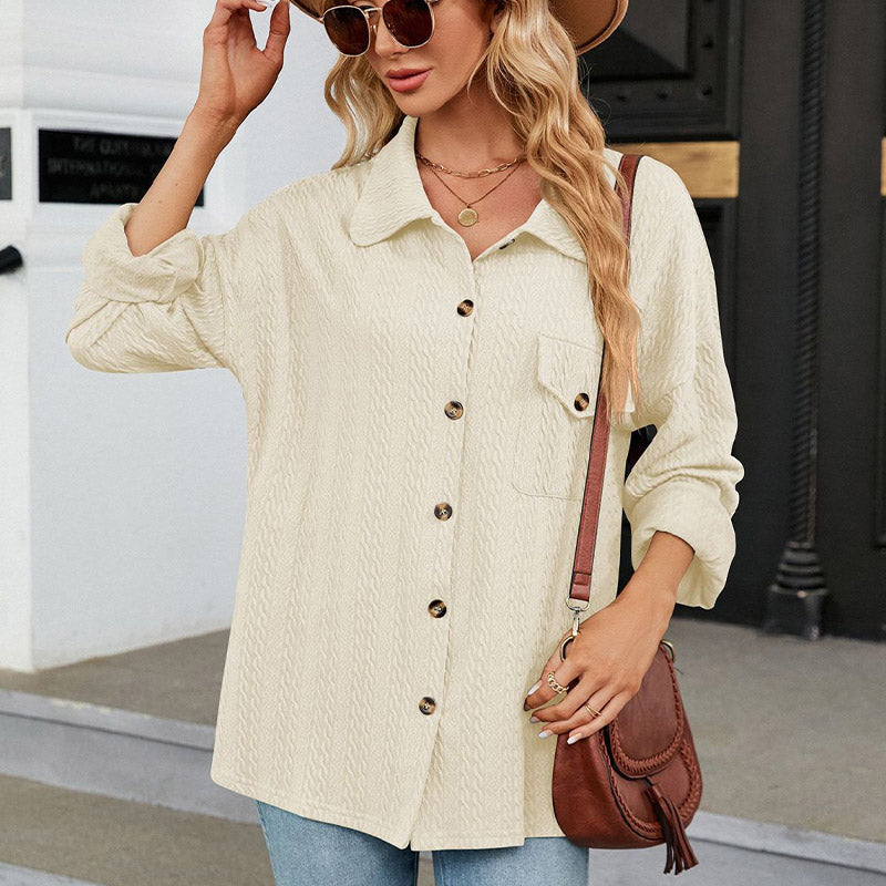 Women's Lapel Knit Long-Sleeve Button Down Top