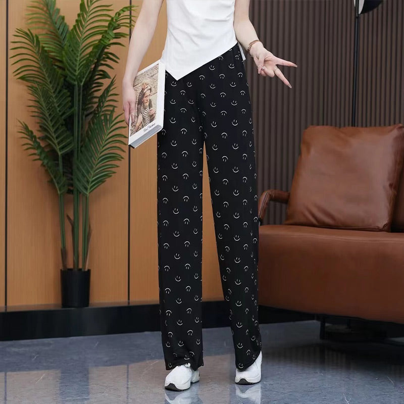 Smile Face Print Casual Ice Silk Pants with Pockets