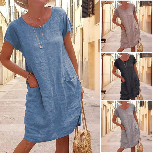 Women's Cotton and Linen Round Neck Dress