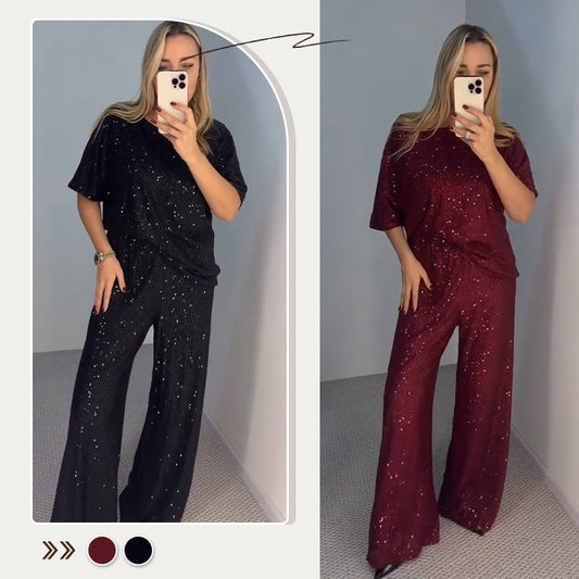 🔥New Hot Selling❤️‍🔥Women's Sequin Crewneck Top & Loose Trousers💥